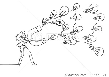 Single continuous line drawing a businesswoman holds a large magnet attracting various sized light bulbs. Attracting many creative ideas. National Creativity Day. One line design vector illustration Single continuous line drawing a businesswoman holds a large magnet attracting various sized light bulbs. Attracting many creative ideas. National Creativity Day. One line design vector illustration 134371121