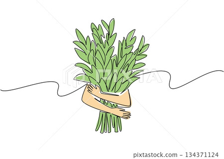 Continuous one line drawing two hands hugging the leafy tree trunks. Symbolism of humans protecting plants with all their hearts. Protector. Tree Concept. Single line draw design vector illustration Continuous one line drawing two hands hugging the leafy tree trunks. Symbolism of humans protecting plants with all their hearts. Protector. Tree Concept. Single line draw design vector illustration 134371124