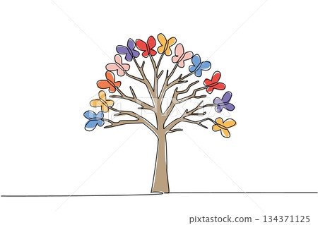 Continuous one line drawing tree with many branches and butterfly fruit. A shady plant that is very friendly to animals. Eco friendly. Garden. Tree Concept. Single line draw design vector illustration 134371125