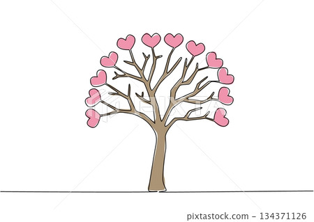 Single one line drawing tree with many branches and fruit heart symbol. Symbol of affection for plant lovers. Plant and care for it with love. Tree Concept. Continuous line design graphic illustration 134371126