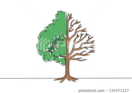 Continuous one line drawing big tree with lush leaves and dry leaves on each side. Seasonal changes. Climate change. Environmental adaptation. Tree Concept. Single line draw design vector illustration Continuous one line drawing big tree with lush leaves and dry leaves on each side. Seasonal changes. Climate change. Environmental adaptation. Tree Concept. Single line draw design vector illustration 134371127