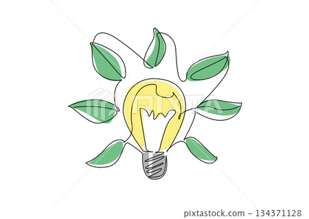 Single continuous line drawing light bulb surrounded by leaves. Renewable energy from plants as an energy source. Illuminate the dark. Environmental. Tree Concept. One line design vector illustration 134371128
