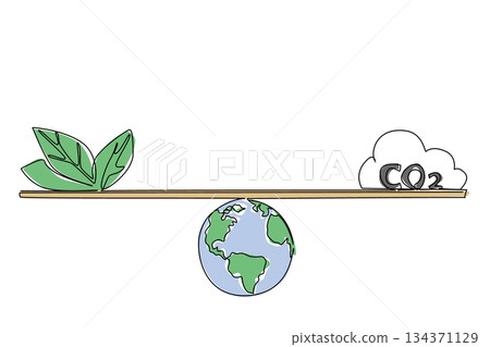 Single continuous line drawing scales with globe as the fulcrum with leafy leaves and clouds labeled CO2. Natural balance for a good earth. Friendly. Tree Concept. One line design vector illustration Single continuous line drawing scales with globe as the fulcrum with leafy leaves and clouds labeled CO2. Natural balance for a good earth. Friendly. Tree Concept. One line design vector illustration 134371129
