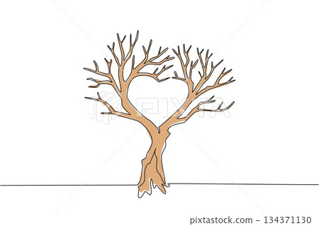 Single one line drawing dry tree with many branches with branches forming a love shape. A symbol of a dead tree. Without love. Environmental. Tree Concept. Continuous line design graphic illustration 134371130