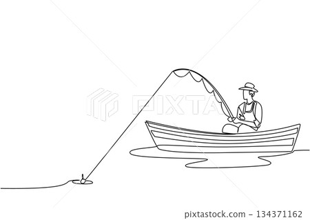 Single one line drawing a man wearing a hat sitting in wooden boat while fishing. Catching the target slowly. The old traditional way. Fisherman Hold Fish. Continuous line design graphic illustration Single one line drawing a man wearing a hat sitting in wooden boat while fishing. Catching the target slowly. The old traditional way. Fisherman Hold Fish. Continuous line design graphic illustration 134371162