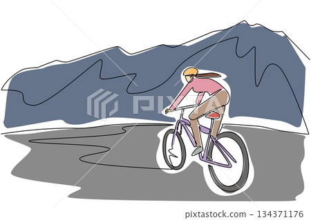 Single continuous line drawing a woman riding a trail bike on a gentle track with a mountain background. Adrenaline rush. Short vacation. National Trails Day. One line design vector illustration 134371176