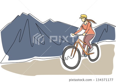 Single continuous line drawing a woman riding trail bike on a gentle track with a mountain background. Spending the weekend in an unusual way. National Trails Day. One line design vector illustration Single continuous line drawing a woman riding trail bike on a gentle track with a mountain background. Spending the weekend in an unusual way. National Trails Day. One line design vector illustration 134371177
