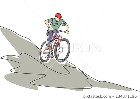 Single one line drawing a man riding a trail bike down a hill with mountains in the background. Exciting adventures on long holidays. National Trails Day. Continuous line design graphic illustration Single one line drawing a man riding a trail bike down a hill with mountains in the background. Exciting adventures on long holidays. National Trails Day. Continuous line design graphic illustration 134371180