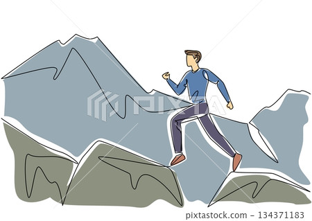 Single continuous line drawing a man running jumping from one large rock to another with a mountain backdrop. Strong marathon runner. Health. National Trails Day. One line design vector illustration Single continuous line drawing a man running jumping from one large rock to another with a mountain backdrop. Strong marathon runner. Health. National Trails Day. One line design vector illustration 134371183