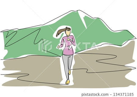 Continuous one line drawing a woman running on a mountain track with mountains in the background. Practice and train physical strength. National Trails Day. Single line draw design vector illustration 134371185
