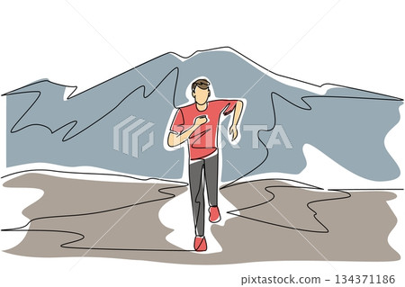 Single one line drawing a man running on a mountain track with mountains in the background. Running down the mountain. Healthy activity National Trails Day. Continuous line design graphic illustration Single one line drawing a man running on a mountain track with mountains in the background. Running down the mountain. Healthy activity National Trails Day. Continuous line design graphic illustration 134371186