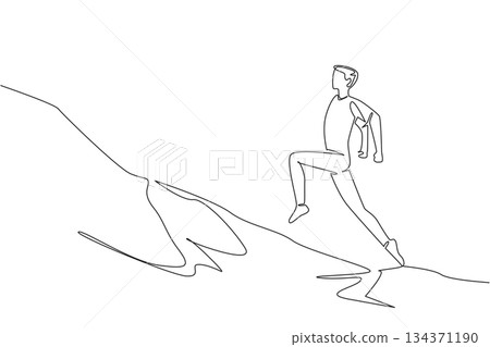 Continuous line drawing of a young man hiking uphill, symbolizing outdoor exploration and perseverance, created for National Trails Day with a nature concept design style. Continuous line drawing of a young man hiking uphill, symbolizing outdoor exploration and perseverance, created for National Trails Day with a nature concept design style. 134371190