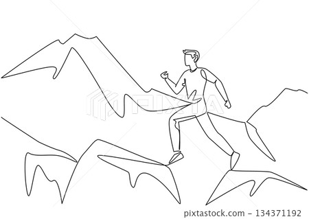 Single continuous line drawing a man running jumping from one large rock to another with a mountain backdrop. Strong marathon runner. Health. National Trails Day. One line design vector illustration 134371192