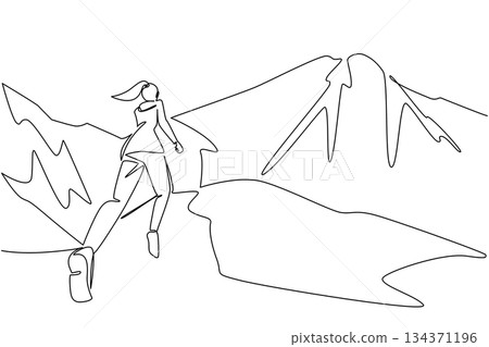 Single continuous line drawing a woman running on a mountain track. Stay enthusiastic even though it is holiday. Adventurer. Training. Jogging. National Trails Day. One line design vector illustration 134371196
