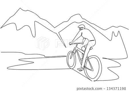 Continuous one line drawing a man riding a trail bike on a gentle track with a mountain background. Taking advantage of mountain bikes. National Trails Day. Single line draw design vector illustration Continuous one line drawing a man riding a trail bike on a gentle track with a mountain background. Taking advantage of mountain bikes. National Trails Day. Single line draw design vector illustration 134371198