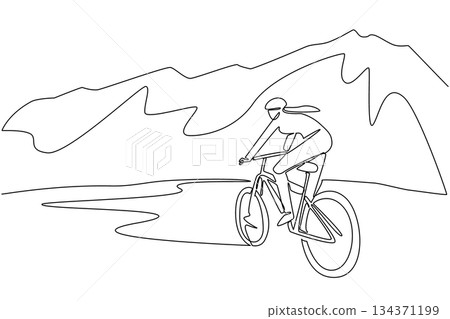 Single continuous line drawing a woman riding a trail bike on a gentle track with a mountain background. Adrenaline rush. Short vacation. National Trails Day. One line design vector illustration Single continuous line drawing a woman riding a trail bike on a gentle track with a mountain background. Adrenaline rush. Short vacation. National Trails Day. One line design vector illustration 134371199