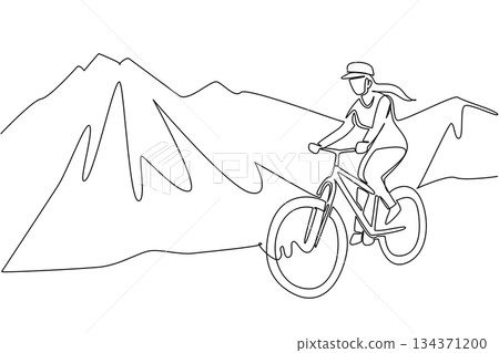 Single continuous line drawing a woman riding trail bike on a gentle track with a mountain background. Spending the weekend in an unusual way. National Trails Day. One line design vector illustration 134371200