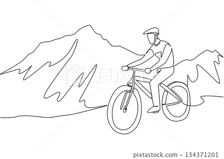 Single one line drawing a man riding a trail bike on a gentle track with a mountain background. Cycling with a refreshing view. Biker. National Trails Day. Continuous line design graphic illustration Single one line drawing a man riding a trail bike on a gentle track with a mountain background. Cycling with a refreshing view. Biker. National Trails Day. Continuous line design graphic illustration 134371201