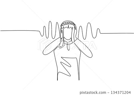 Single one line drawing an Arab man holds ears with both hands and sound wave effects. Prevent loud noises from being heard. National Save Your Hearing Day. Continuous line design graphic illustration 134371204