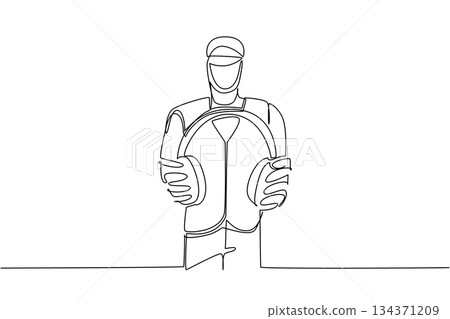 Single continuous line drawing construction worker wear vest and helmet, holds headphones with both hands. Noise cancelling device. National Save Your Hearing Day. One line design vector illustration Single continuous line drawing construction worker wear vest and helmet, holds headphones with both hands. Noise cancelling device. National Save Your Hearing Day. One line design vector illustration 134371209