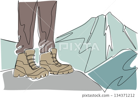 Single one line drawing feet wear hiking shoes stands on cliff with mountain background. The peak of the mountain is getting closer. National Trails Day. Continuous line design graphic illustration Single one line drawing feet wear hiking shoes stands on cliff with mountain background. The peak of the mountain is getting closer. National Trails Day. Continuous line design graphic illustration 134371212