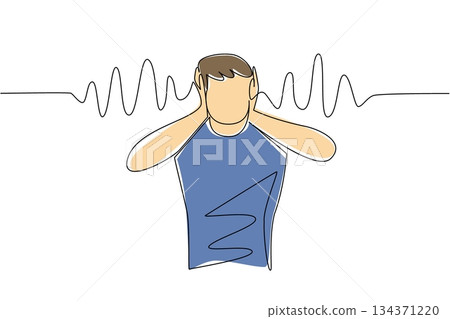 Continuous one line drawing a man in casual clothes holds ears with both hands and sound wave effects. Do not like noise. National Save Your Hearing Day. Single line draw design vector illustration 134371220
