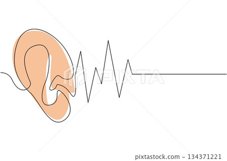 Single one line drawing ear with sound wave effect. The sense of hearing. Maintain optimal function. Noise impairs function. National Save Your Hearing Day. Continuous line design graphic illustration Single one line drawing ear with sound wave effect. The sense of hearing. Maintain optimal function. Noise impairs function. National Save Your Hearing Day. Continuous line design graphic illustration 134371221