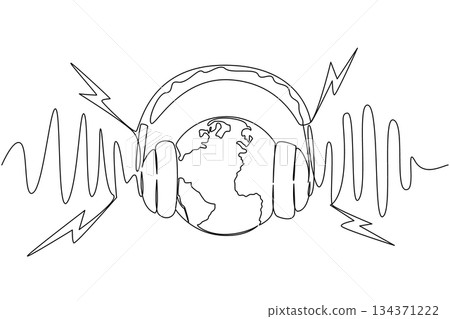 Continuous one line drawing globe wearing headphones with loud sound effects around headphones. World also needs quietude. National Save Your Hearing Day. Single line draw design vector illustration 134371222