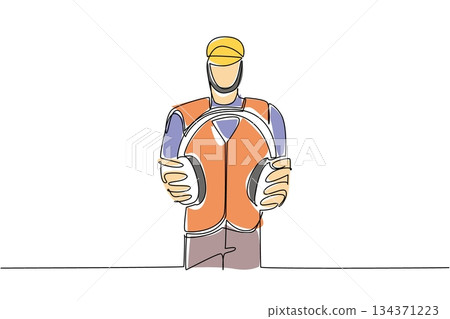 Single continuous line drawing construction worker wear vest and helmet, holds headphones with both hands. Noise cancelling device. National Save Your Hearing Day. One line design vector illustration Single continuous line drawing construction worker wear vest and helmet, holds headphones with both hands. Noise cancelling device. National Save Your Hearing Day. One line design vector illustration 134371223