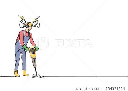Single one line drawing male road repair worker wears PPE and headphones while holds road demolition tool. Work procedures. National Save Your Hearing Day. Continuous line design graphic illustration 134371224