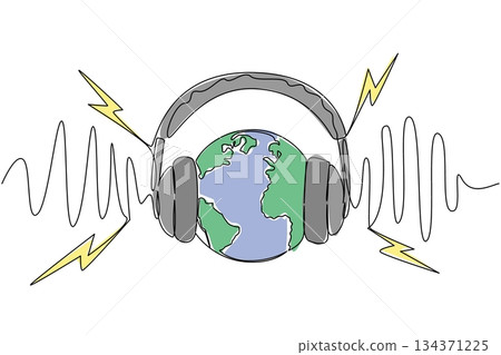 Continuous one line drawing globe wearing headphones with loud sound effects around headphones. World also needs quietude. National Save Your Hearing Day. Single line draw design vector illustration 134371225