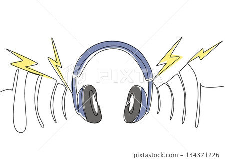 Continuous one line drawing headphones with loud sound effects. Wireless technology. Delivers stunning stereo sound. Loud. National Save Your Hearing Day. Single line draw design vector illustration 134371226