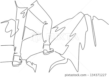 Single continuous line drawing feet standing on rocks with mountains in the background. Climbers take a break before continuing the climb. National Trails Day. One line design vector illustration Single continuous line drawing feet standing on rocks with mountains in the background. Climbers take a break before continuing the climb. National Trails Day. One line design vector illustration 134371227