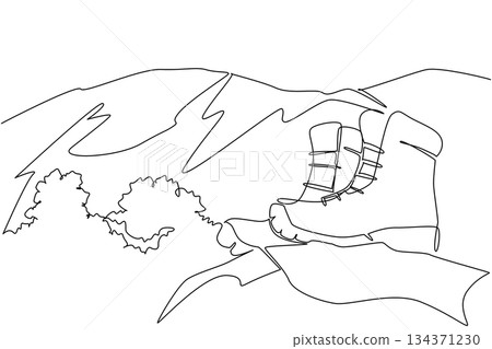 Single continuous line drawing hiking boots on a large rock with a mountain background. Digitalization of flagship products. Advertisement. National Trails Day. One line design vector illustration 134371230