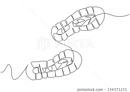 Single one line drawing boot print. Footsteps as witnesses of history. Hiking shoes with a distinctive pattern. Anti slip. Waterproof. National Trails Day. Continuous line design graphic illustration Single one line drawing boot print. Footsteps as witnesses of history. Hiking shoes with a distinctive pattern. Anti slip. Waterproof. National Trails Day. Continuous line design graphic illustration 134371231
