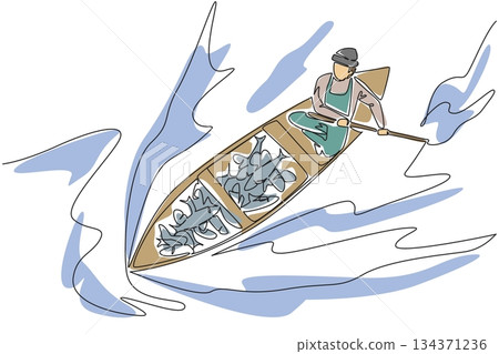 Single continuous line drawing a man wear jumpsuit and hat rowing a wooden boat with lots of fish in it. Abundant fish harvest. Lots of profit. Fisherman Hold Fish. One line design vector illustration 134371236