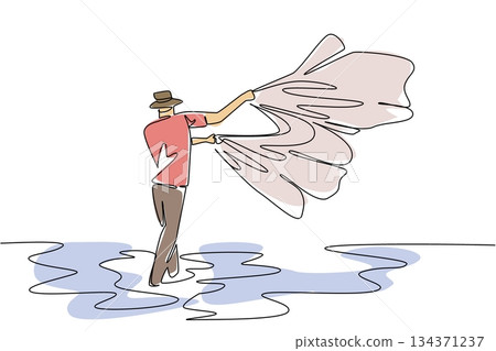 Single continuous line drawing a man wearing hat standing in the sea throwing a net into the middle of the sea. Widening the net to catch fish. Fisherman Hold Fish. One line design vector illustration 134371237