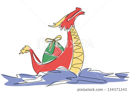 Single continuous line drawing curved dragon boat sailing on a sea full of waves. Surviving the big waves. Annual fun festival. Traditional. Dragon Boat Festival. One line design vector illustration Single continuous line drawing curved dragon boat sailing on a sea full of waves. Surviving the big waves. Annual fun festival. Traditional. Dragon Boat Festival. One line design vector illustration 134371243