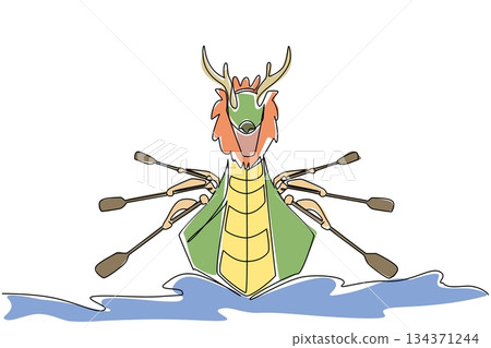 Continuous one line drawing dragon boat sail on the ocean with hands rowing on both sides of the boat. A cohesive team. Enthusiastic. Dragon Boat Festival. Single line draw design vector illustration 134371244