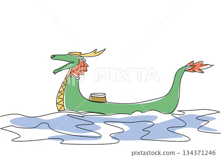 Single continuous line drawing dragon boat without passengers, filled with drums sailing on sea full of waves. Annual traditional competition. Dragon Boat Festival. One line design vector illustration Single continuous line drawing dragon boat without passengers, filled with drums sailing on sea full of waves. Annual traditional competition. Dragon Boat Festival. One line design vector illustration 134371246
