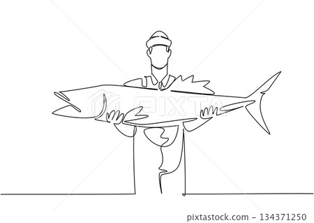 Continuous one line drawing a man wearing a jumpsuit and hat holding a big fish. Very satisfying catch. High protein sea fish. Work. Fisherman Hold Fish. Single line draw design vector illustration 134371250