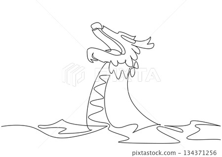 Single one line drawing dragon boat is sailing on the ocean full of waves. Dragon character. Symbol of glory in the ocean. Sailing. Dragon Boat Festival. Continuous line design graphic illustration 134371256