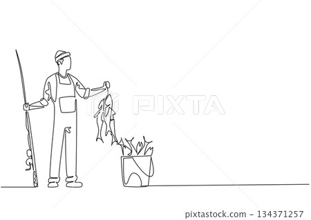 Continuous one line drawing a man wear jumpsuit and hat holds fishing rod and fish and bucket full of fish. The result of persistence. Fisherman Hold Fish. Single line draw design vector illustration 134371257