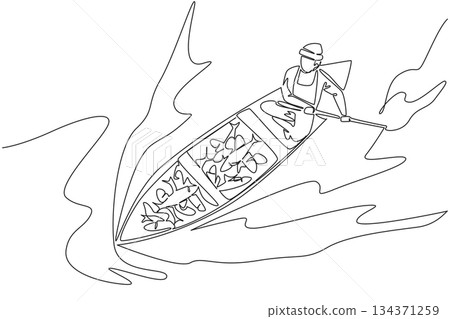 Single continuous line drawing a man wear jumpsuit and hat rowing a wooden boat with lots of fish in it. Abundant fish harvest. Lots of profit. Fisherman Hold Fish. One line design vector illustration 134371259
