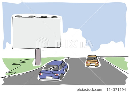Continuous one line drawing billboards on the side of the highway and several cars. High cost digital marketing. Profitable area. National Billboard Day. Single line draw design vector illustration 134371294