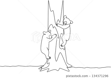 Single continuous line drawing 2 black bear cubs climbing a tree. Play and find a safe place to rest. Looking for food. Habitat. Ecosystem. National Black Bear Day. One line design vector illustration 134371296