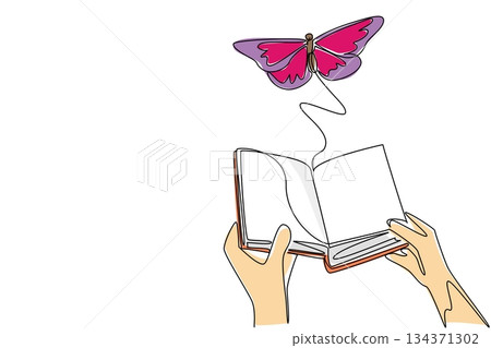 Single one line drawing two hands holding thick old book open and taking out a large butterfly. Cultivation methods. Butterfly Education and Awareness Day. Continuous line design graphic illustration Single one line drawing two hands holding thick old book open and taking out a large butterfly. Cultivation methods. Butterfly Education and Awareness Day. Continuous line design graphic illustration 134371302