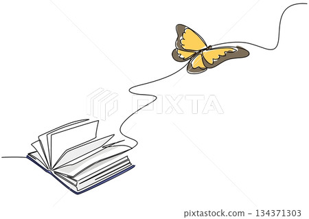 Single continuous line drawing a thick old book opens and a large butterfly flies out. Conservation invites many benefits. Butterfly Education and Awareness Day. One line design vector illustration Single continuous line drawing a thick old book opens and a large butterfly flies out. Conservation invites many benefits. Butterfly Education and Awareness Day. One line design vector illustration 134371303