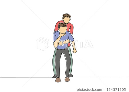 Single one line drawing front view, a man performs the Heimlich maneuver on another man holding his neck. Appropriate action National Heimlich Maneuver Day. Continuous line design graphic illustration 134371305