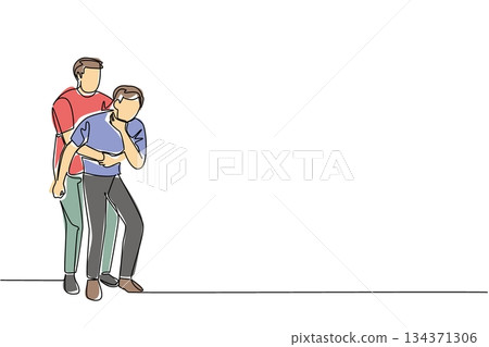 Continuous one line drawing a man performs the Heimlich maneuver on another man holds neck. Appropriate first aid measures. National Heimlich Maneuver Day. Single line draw design vector illustration 134371306